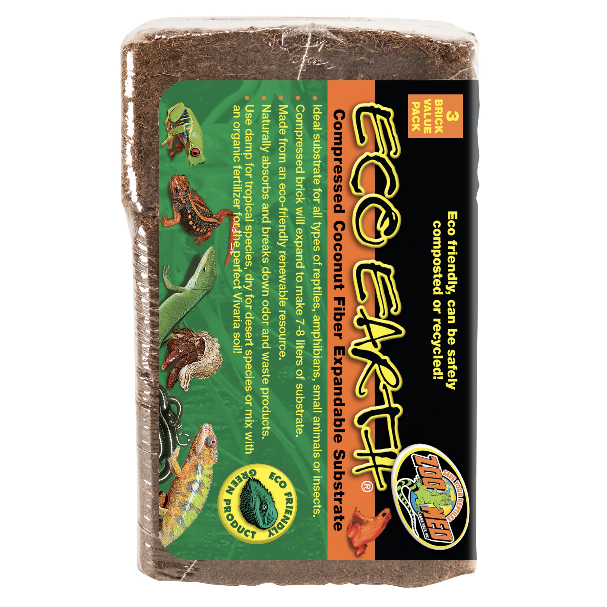 Zoo Med Eco Earth multi-use substrate supports plants, amphibians, and invertebrates.