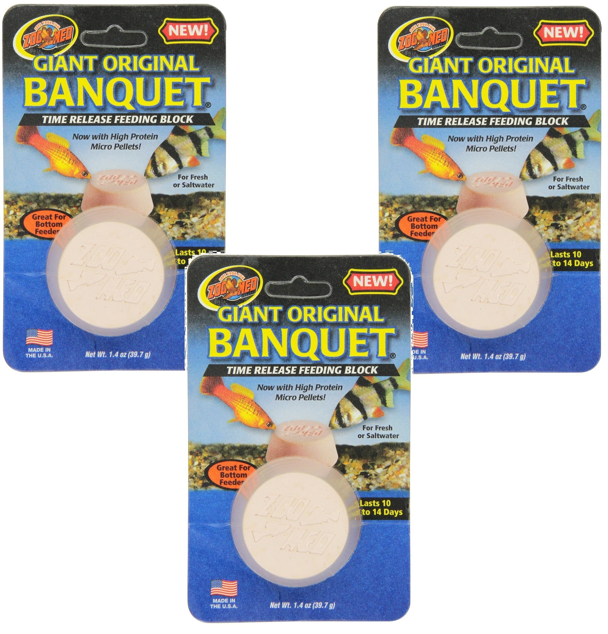Zoo Med Giant Banquet Block Feeder pack ready for gradual fish feeding over days.