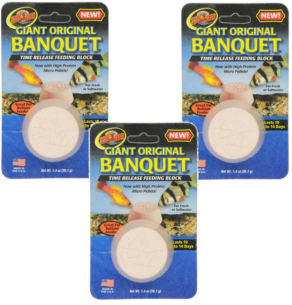 Zoo Med Giant Banquet Block Feeder pack ready for gradual fish feeding over days.