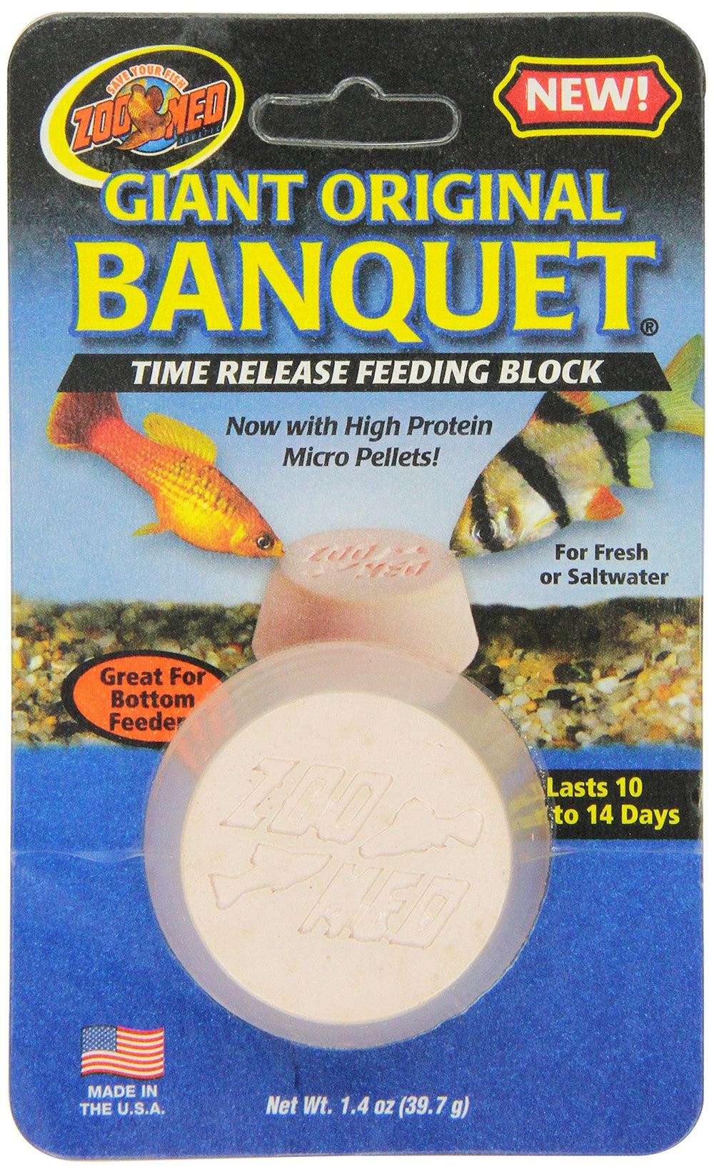 Zoo Med Giant Banquet Block Feeder package view — time-release blocks for tanks.