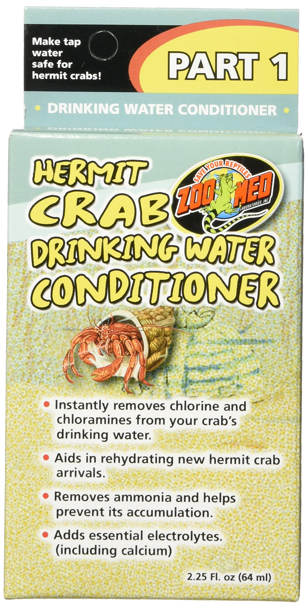 Zoo Med Hermit Crab Drinking Water Conditioner label demonstrates chlorine removal for safe crab water