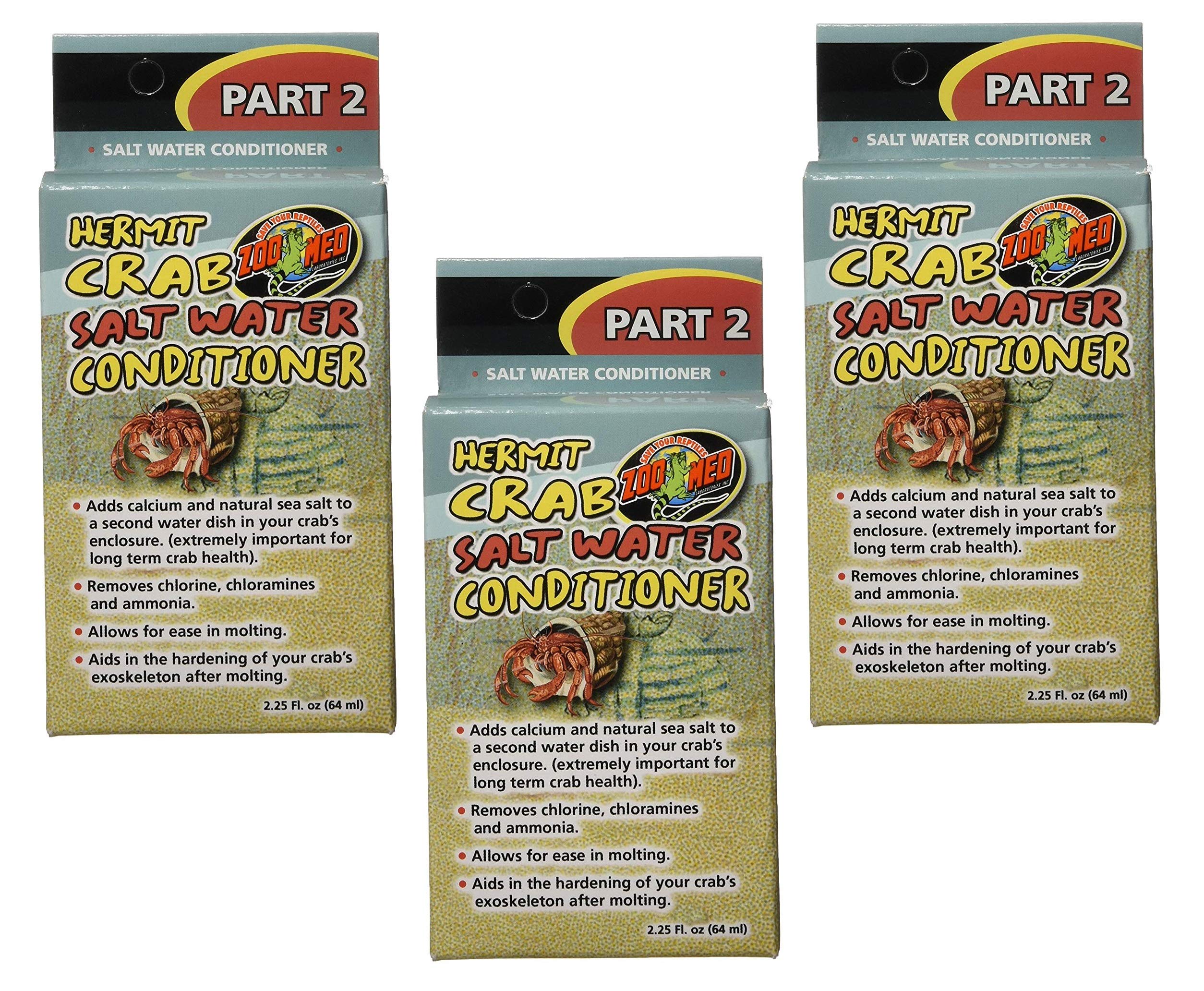 Zoo Med hermit crab salt water conditioner three-pack bottles support mineral balance.