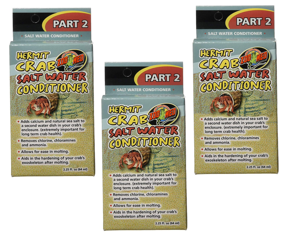 Zoo Med hermit crab salt water conditioner three-pack bottles support mineral balance.