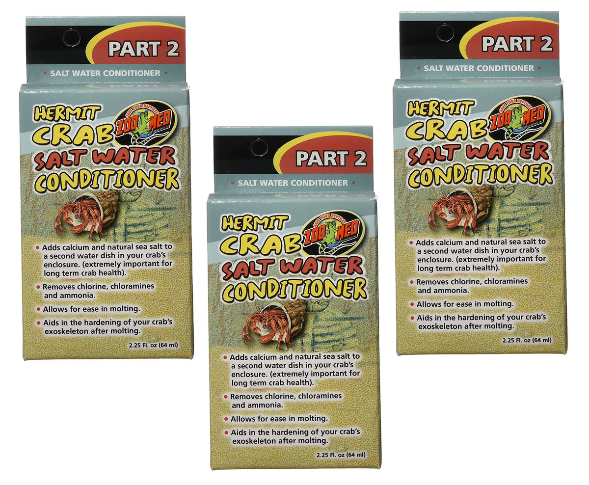 Zoo Med hermit crab salt water conditioner three-pack bottles support mineral balance.