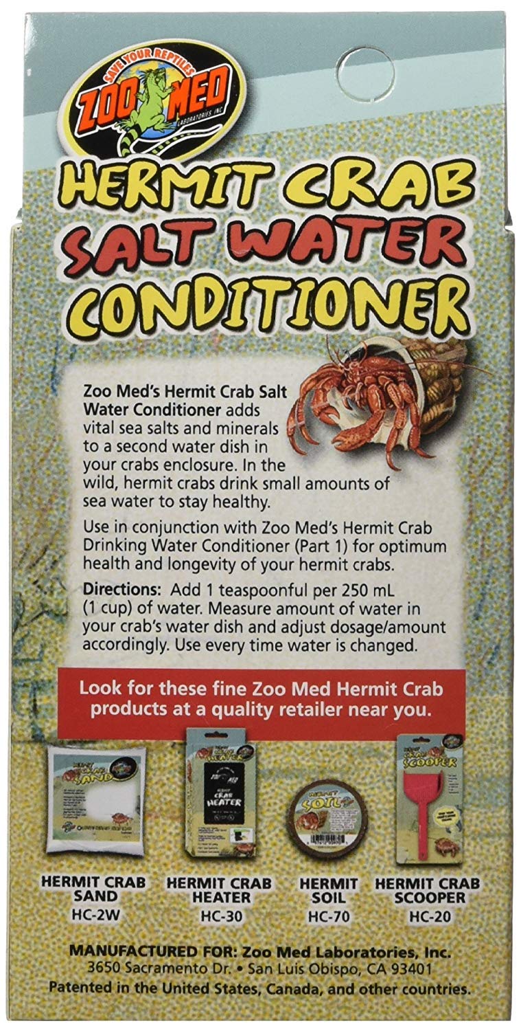 Zoo Med three-pack label highlights natural sea salt and calcium for hermit crabs.