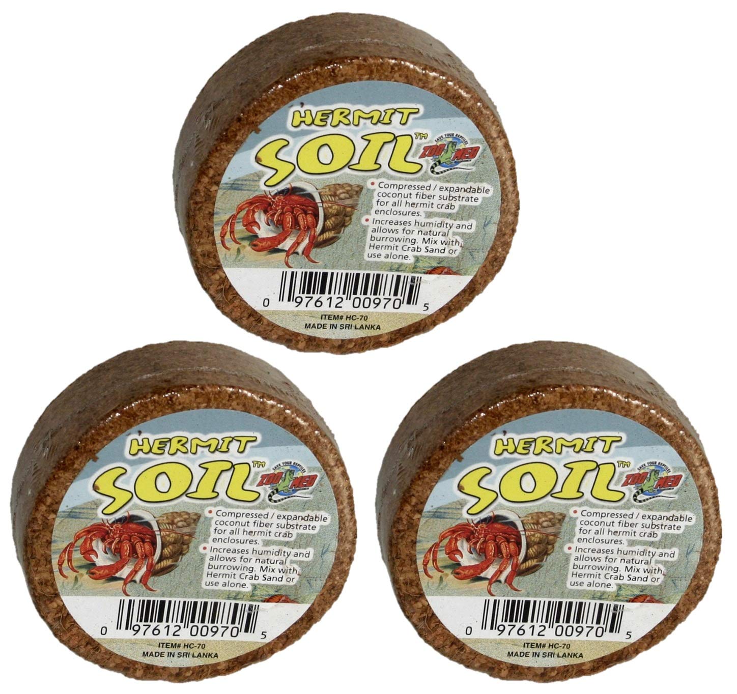 Zoo Med Hermit Crab Soil 3Pk packaging highlighting eco-friendly coconut fiber substrate for humidity.