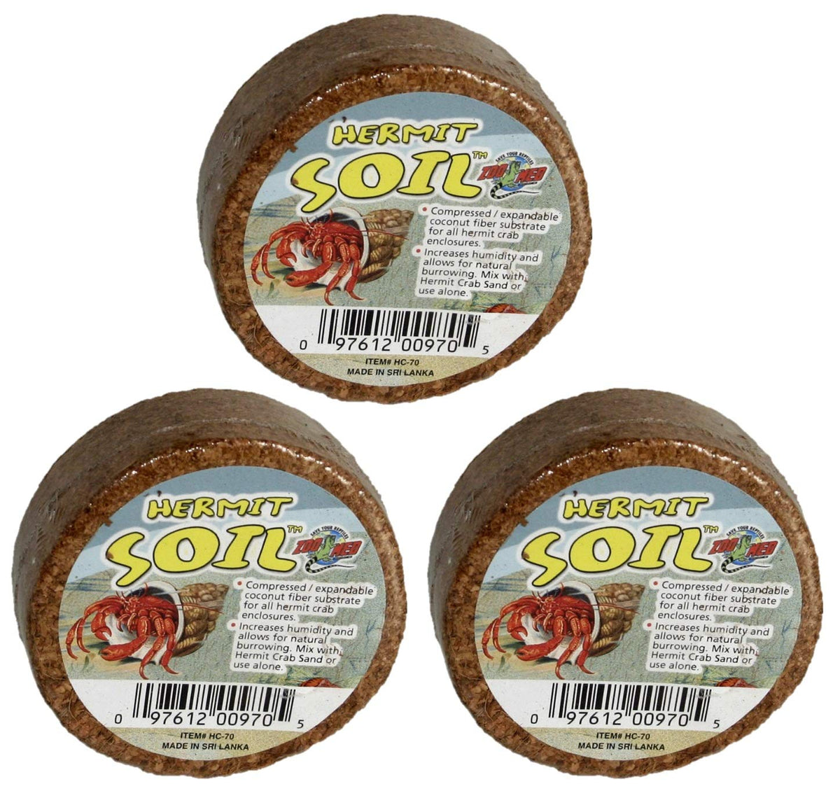 Zoo Med Hermit Crab Soil 3Pk packaging highlighting eco-friendly coconut fiber substrate for humidity.