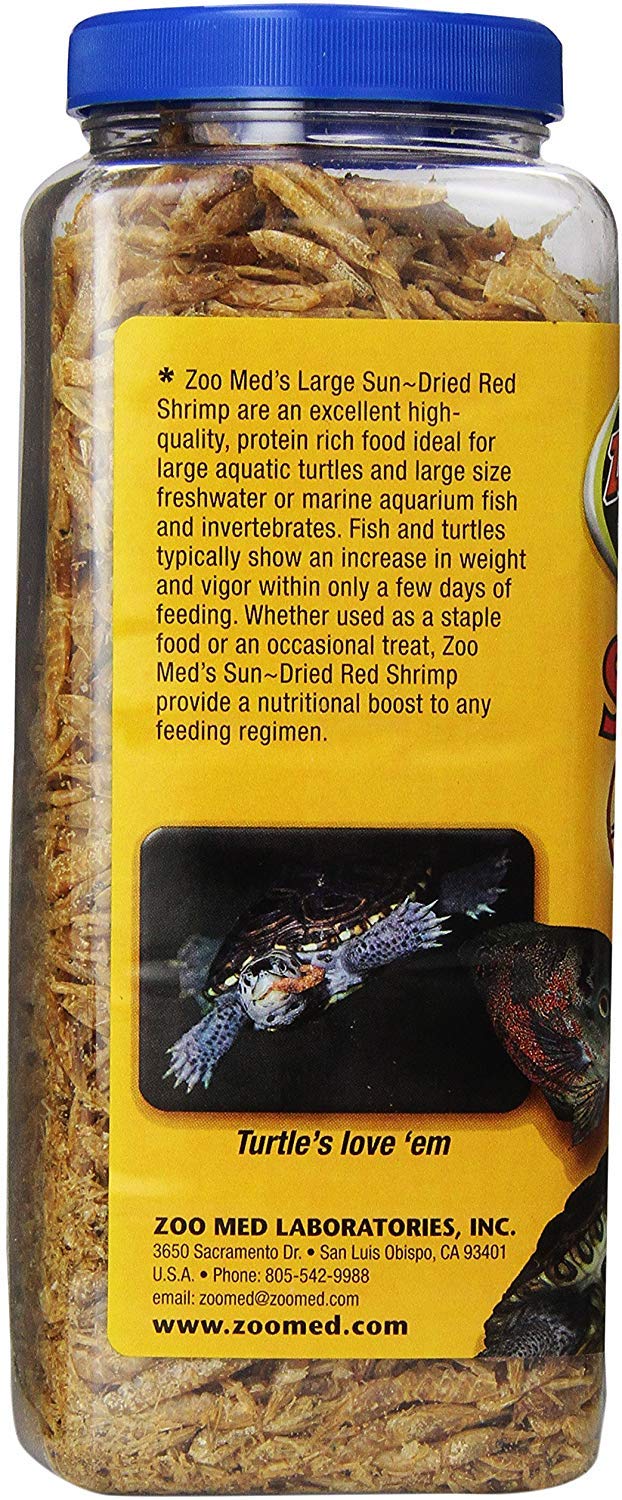 Zoo Med Large Sun-Dried Red Shrimp packaging highlights a protein-rich snack for large fish