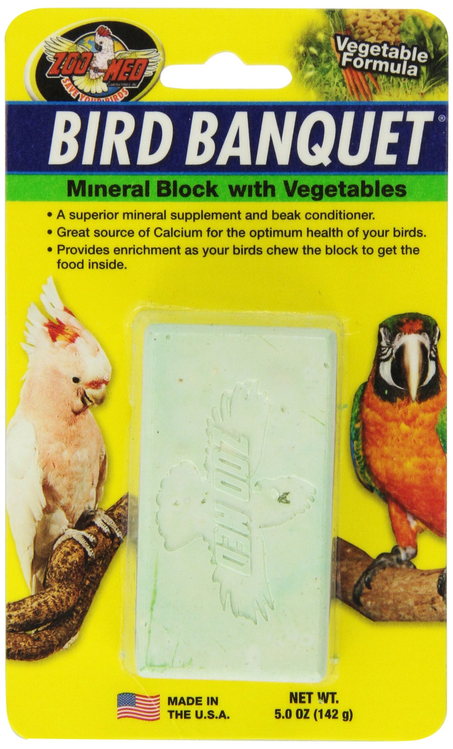 Zoo Med Bird Banquet mineral block packaging highlights calcium and enrichment