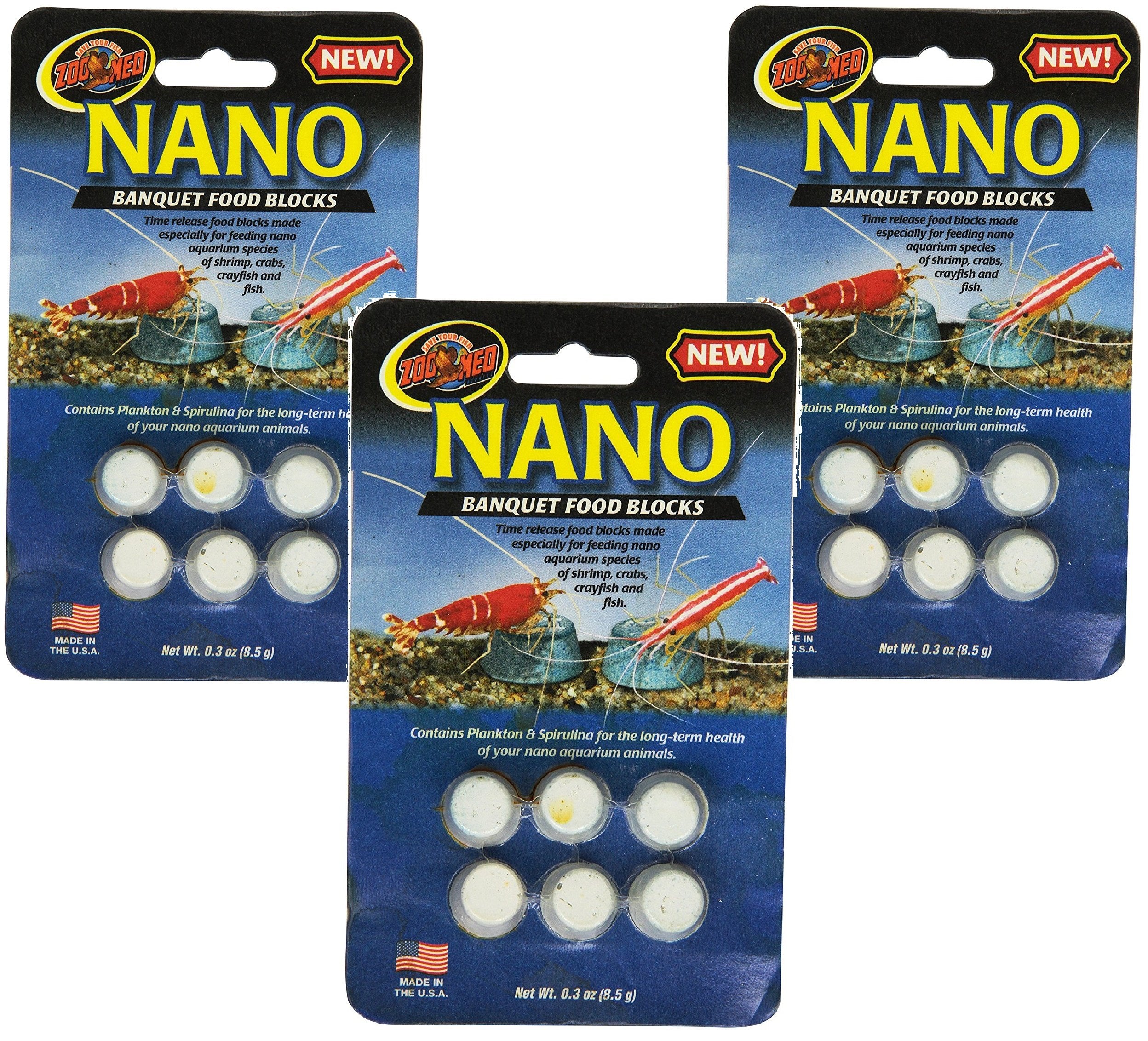 Zoo Med nano banquet block mini pack demonstrates time-release feeding for shrimp and nano species.