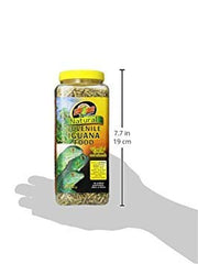 Nutrition label on Zoo Med Natural Iguana Food showing calcium and fiber ratios.