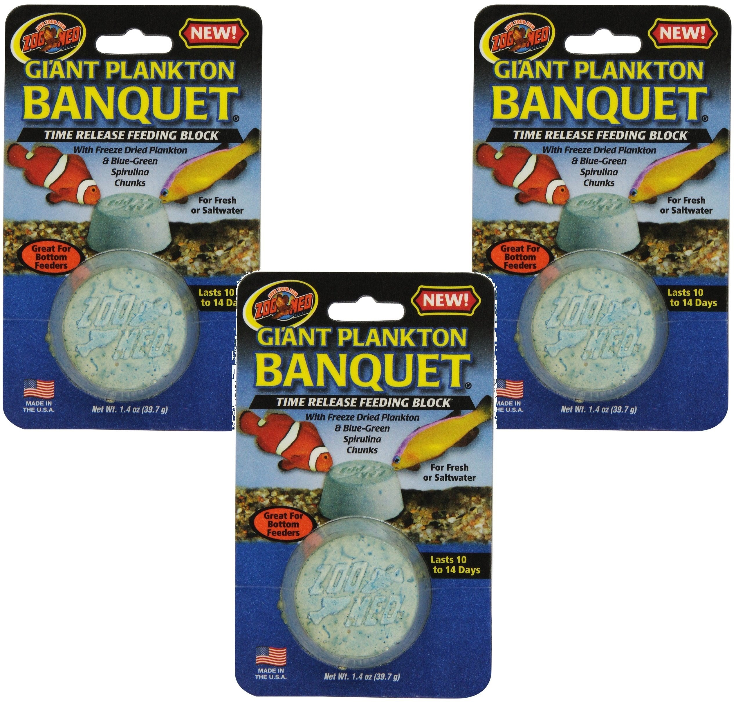 Zoo Med Plankton Banquet Giant Pack block feeder in blue spirulina color for steady bottom-feeder meals.