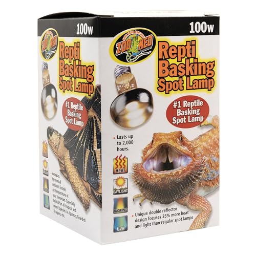 Zoo Med Repti Basking Spot Lamp 100W close-up shows warm glow for reptiles.