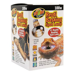 Zoo Med Repti Basking Spot Lamp 100W close-up shows warm glow for reptiles.