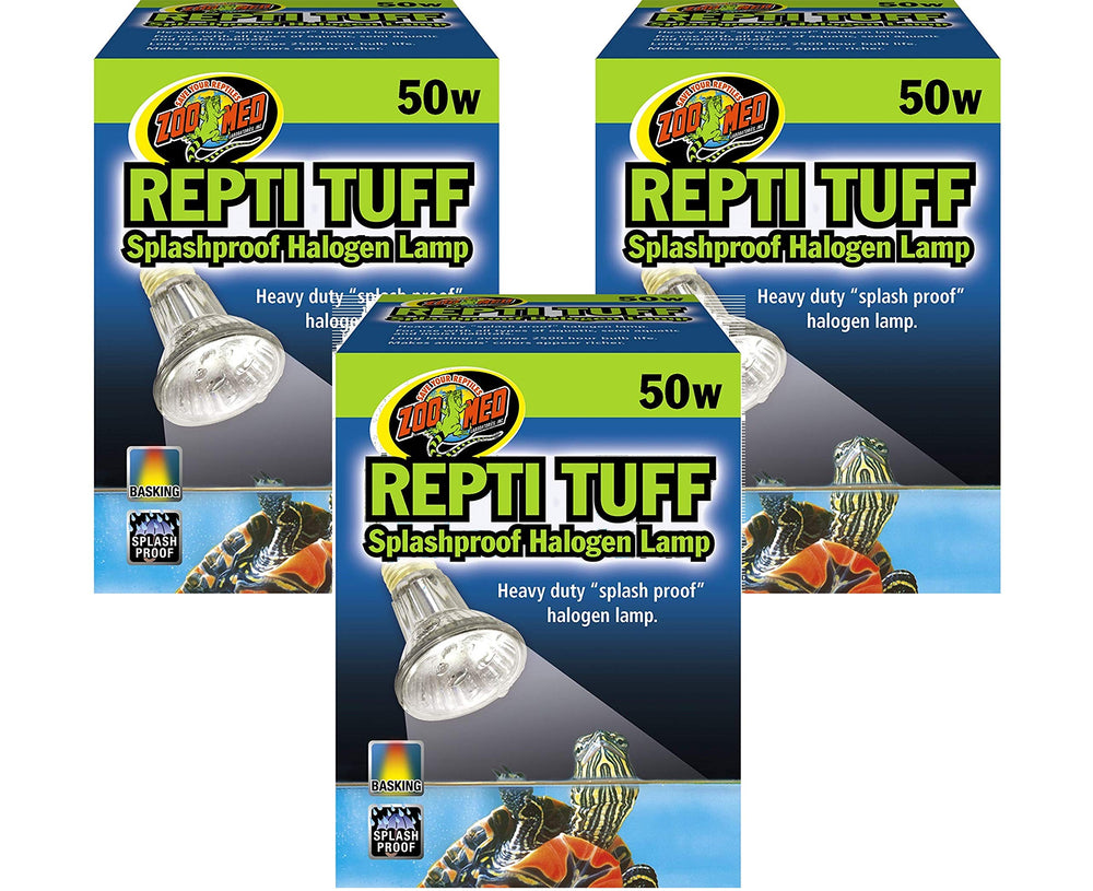 Zoo Med Repti Tuff splashproof lamp 50W enhances colors for reptiles.