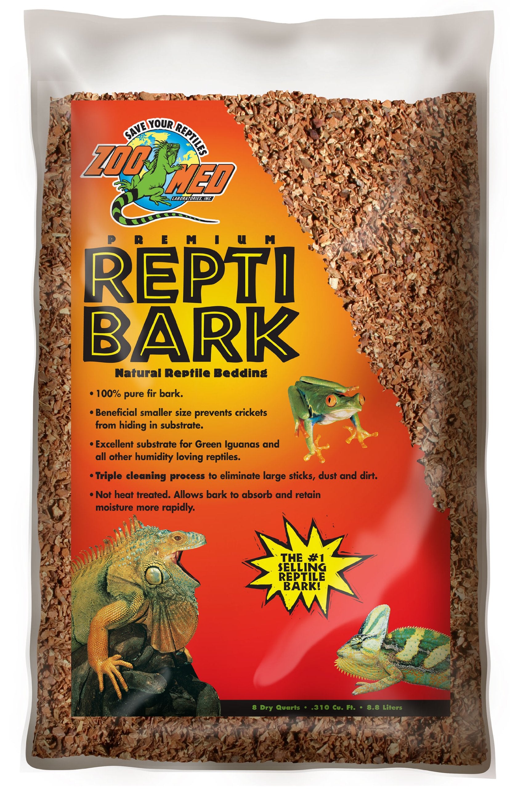 Zoo Med Reptile Bark Fir Bedding 8qt pack demonstrates natural, humidity-friendly substrate.