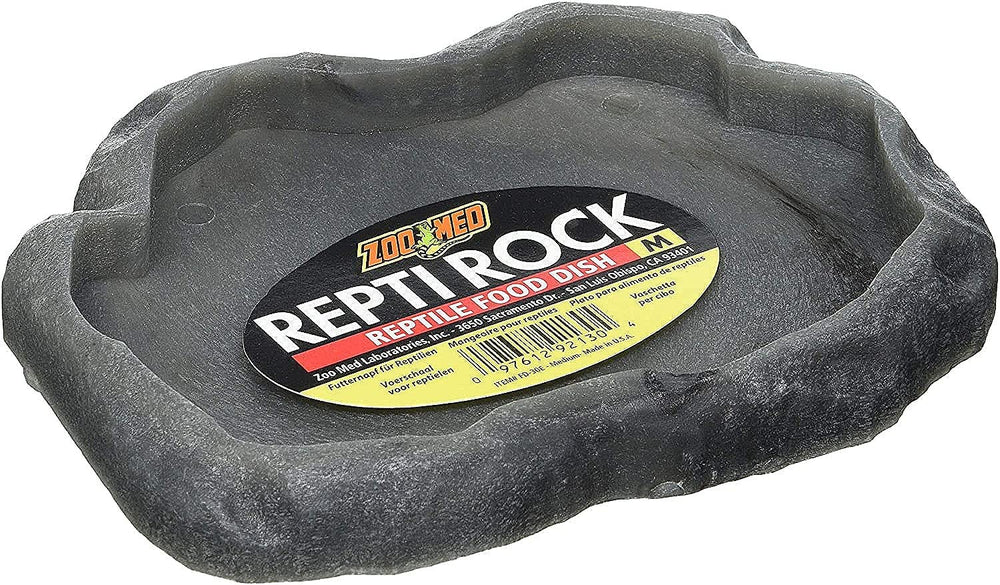 Zoo Med Reptile Rock Food Dish front view shows natural rock look for habitat realism.
