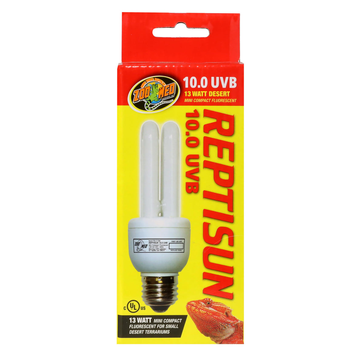 Zoo Med ReptiSun 10.0 Mini bulb close-up highlighting UVB output for reptiles.