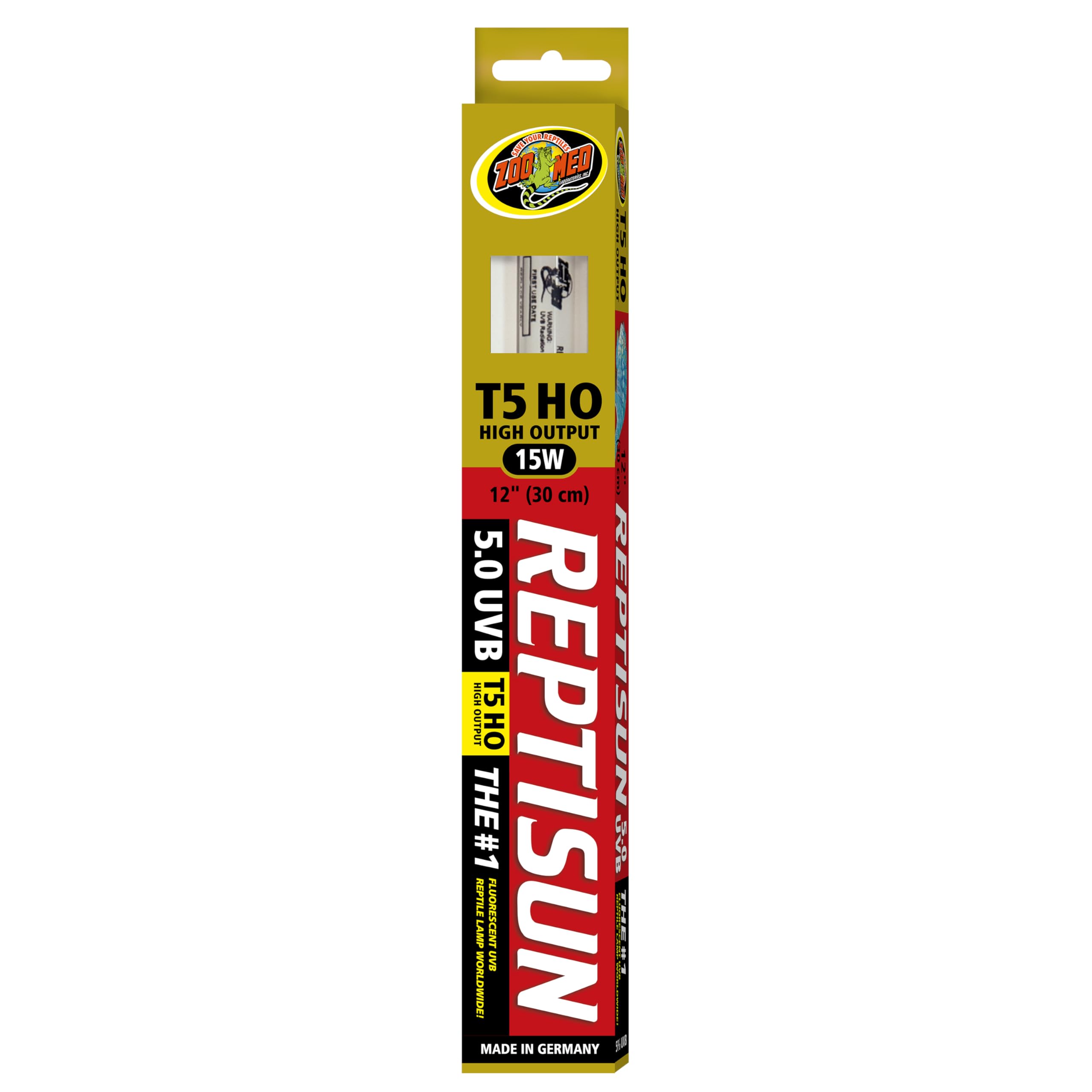 Zoo Med ReptiSun High Output 12-inch UVB lamp brightens basking zones for healthier reptile metabolism.