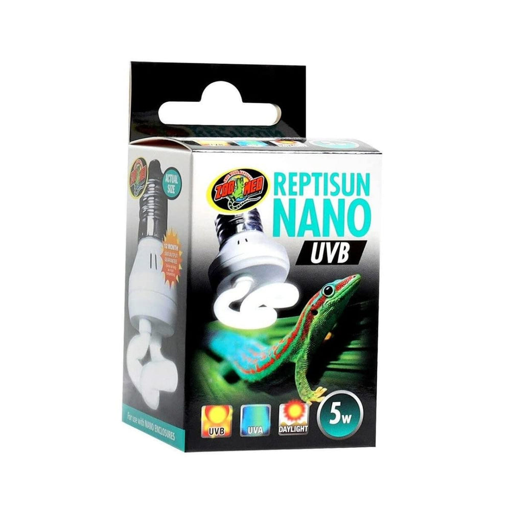Zoo Med Reptisun Nano UVB Bulb delivers UVB/UVA for natural basking light.