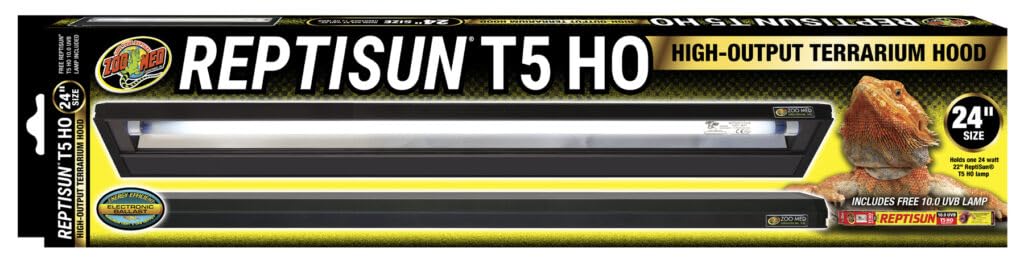 Zoo Med ReptiSun T5 HO hood with 10.0 bulb enhances UVB exposure for reptiles.