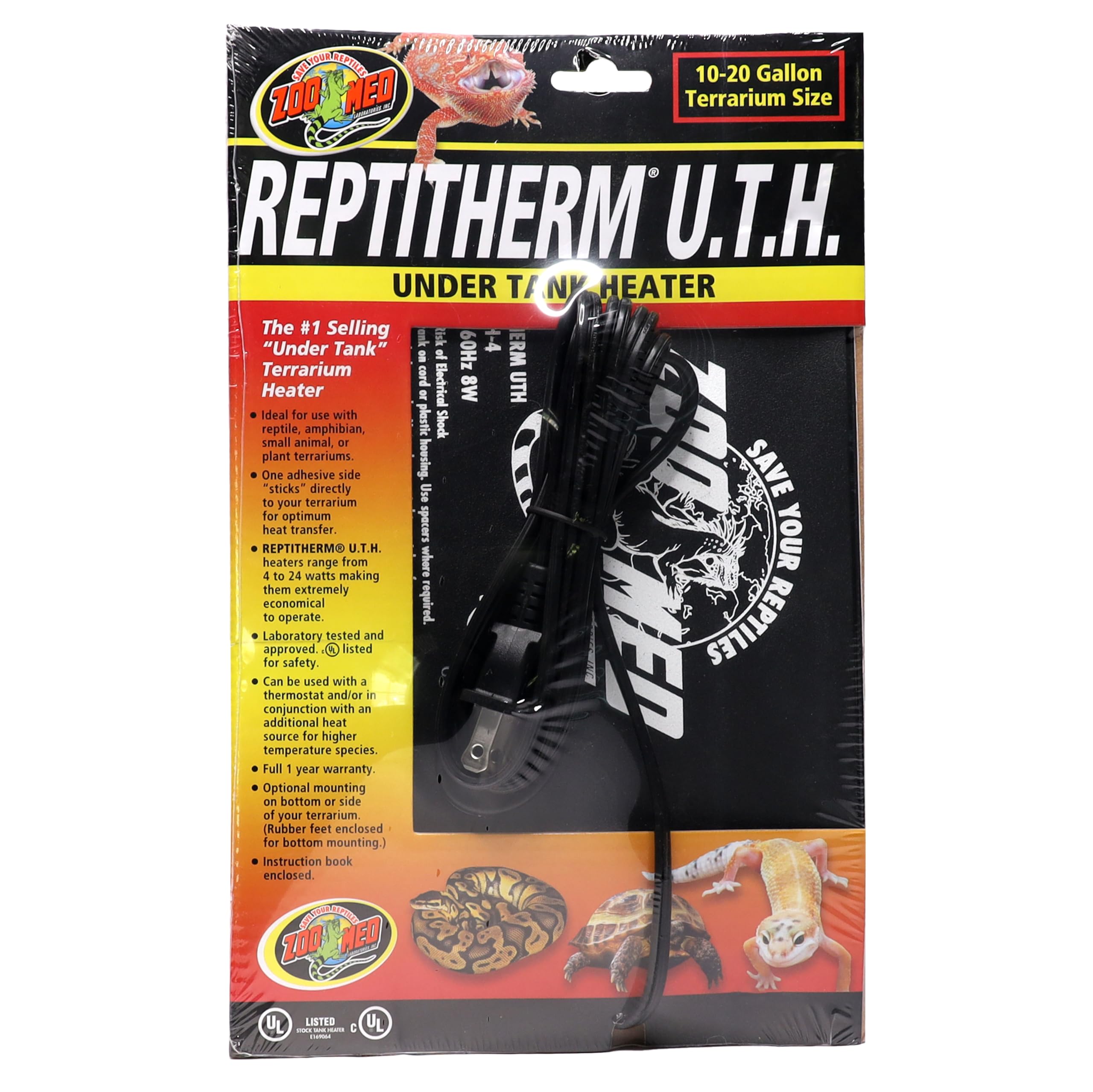 Zoo Med Reptitherm Undertank Heater 6x8 packaging highlights US-made quality and ready warmth.