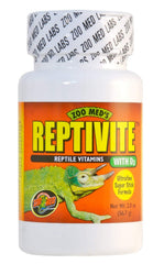 Zoo Med ReptiVite bottle highlights calcium-based reptile vitamins for bone support.
