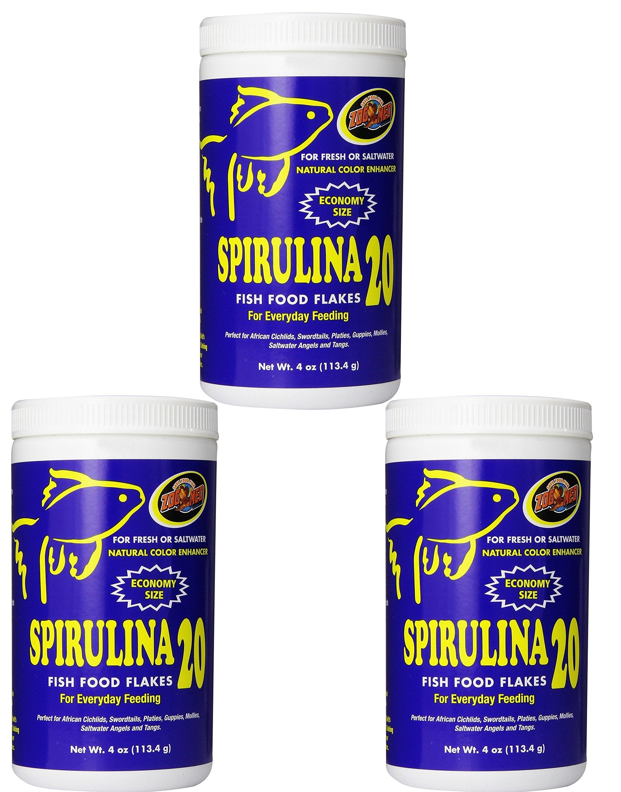 Zoo Med Spirulina 20 Flake packaging demonstrates a 3-pack for multi-tank feeding.