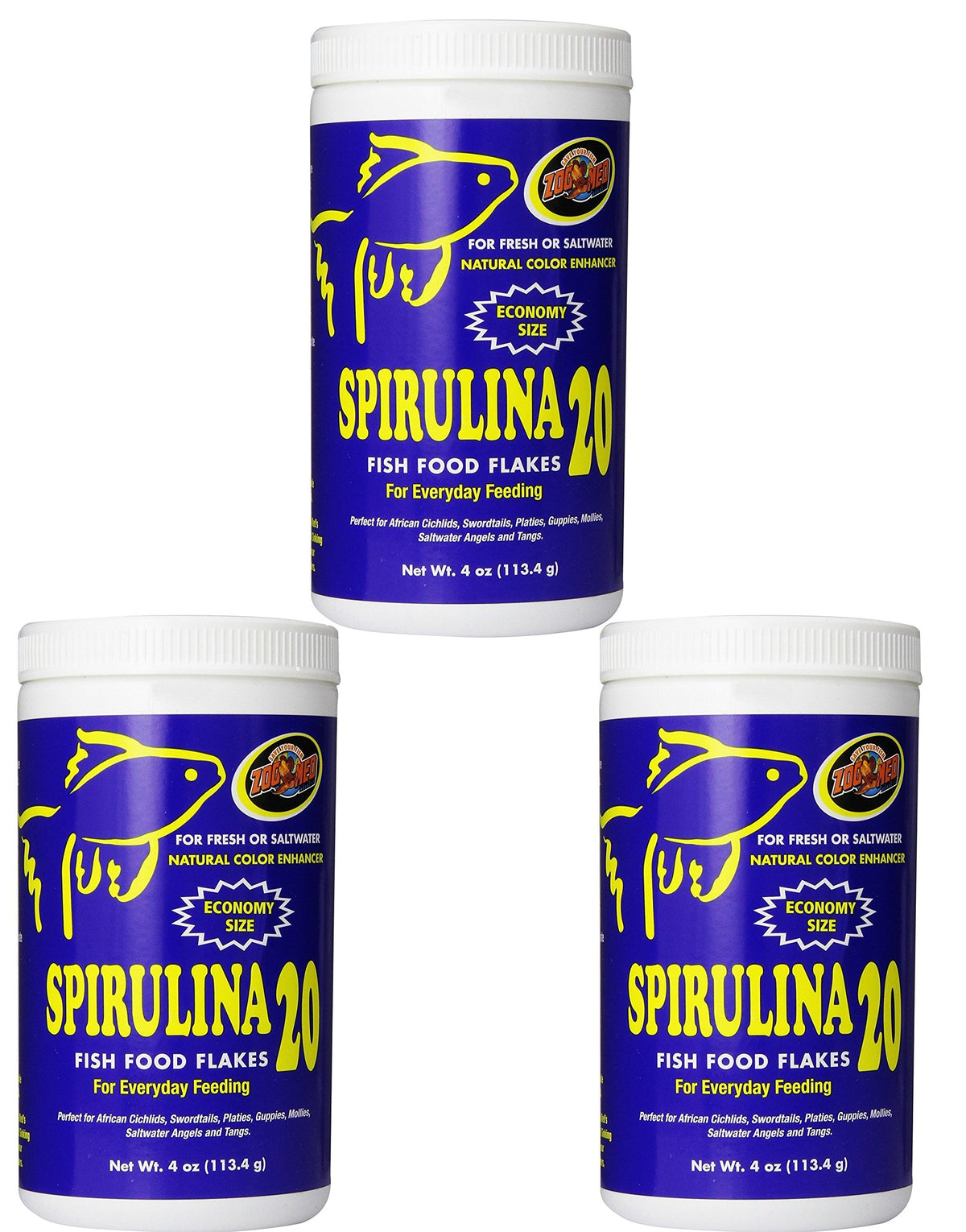 Zoo Med Spirulina 20 Flake packaging demonstrates a 3-pack for multi-tank feeding.