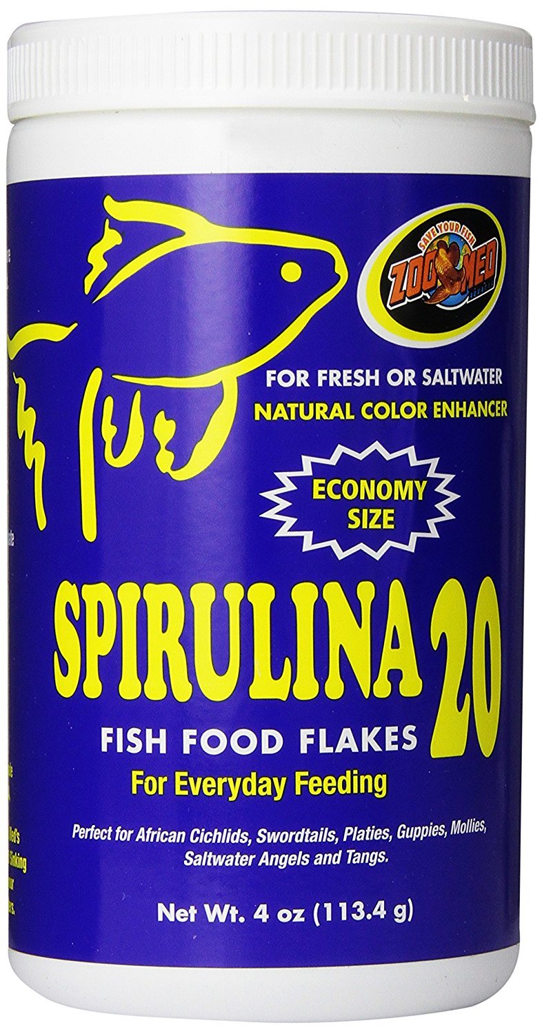 Zoo Med Spirulina 20 Flakes bottle shows high-protein color-enhancing fish food in use