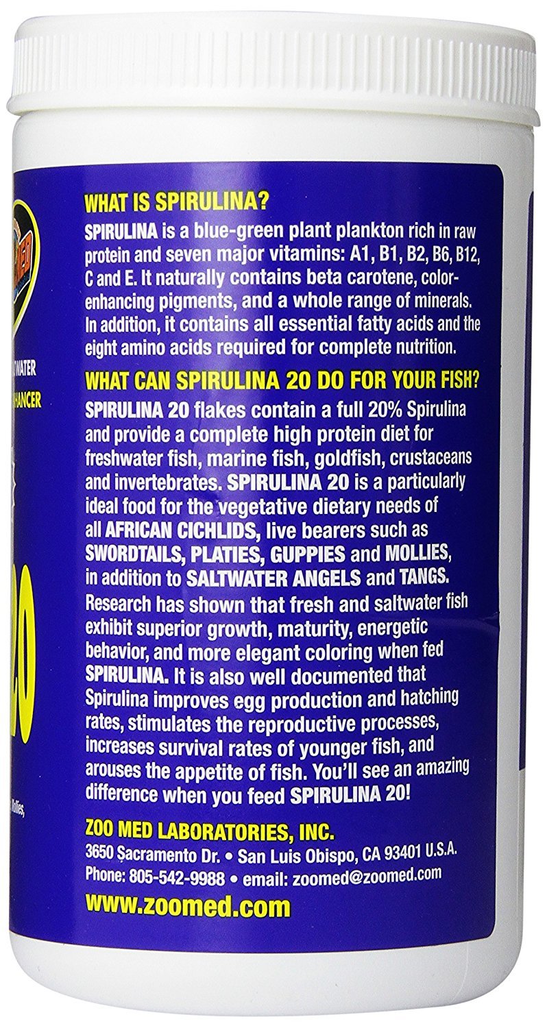 Zoo Med Spirulina 20 Flakes packaging highlights color-enhancing, protein-rich formula