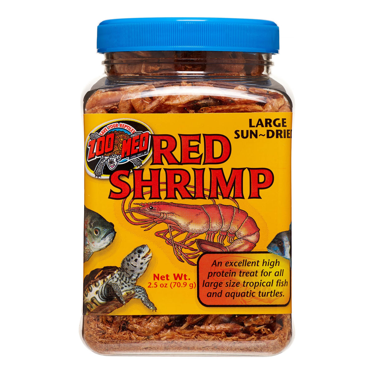 Zoo Med sun-dried large red shrimp packaging, natural protein-rich treat for large aquatic pets.