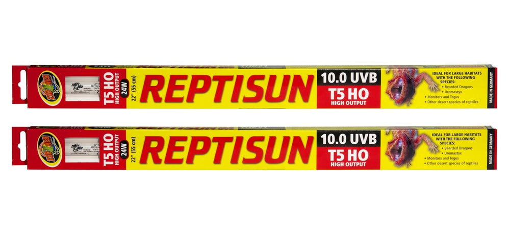 Zoo Med T5 HO ReptiSun 10.0 UVB lamp 2-pack provides strong UVB for larger terrariums.