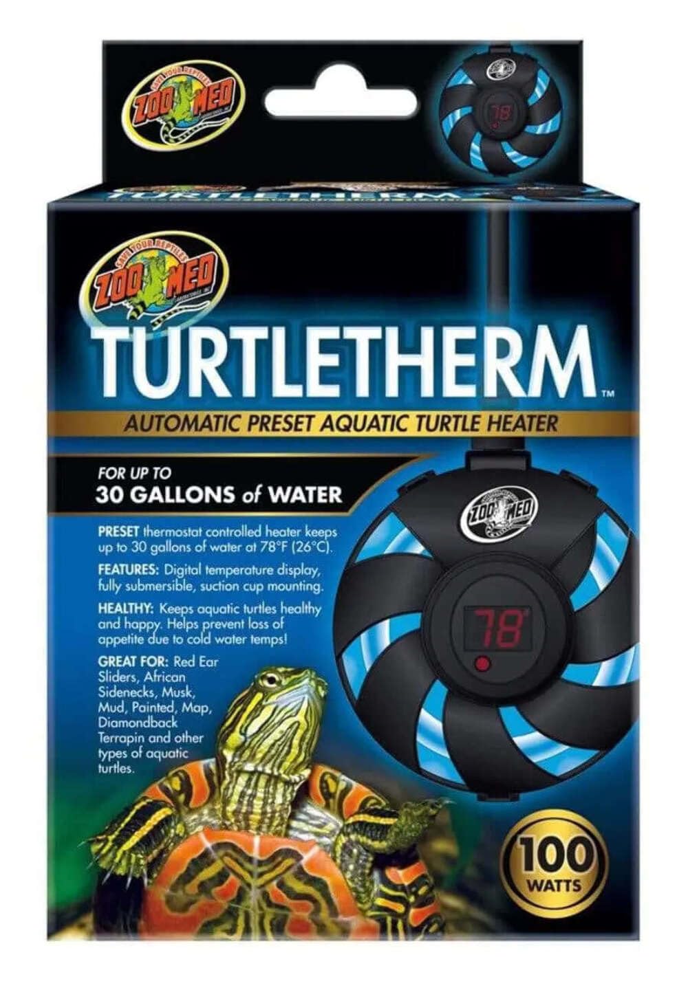 Zoo Med TurtleTherm submersible heater with safety shut-off for safe maintenance.