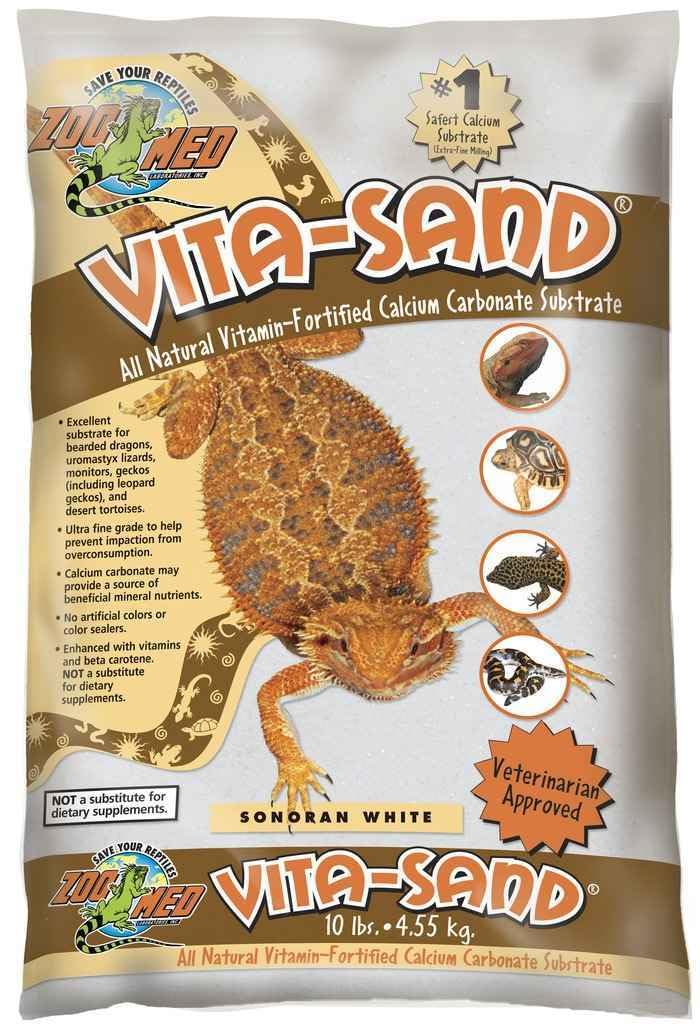 Zoo Med Vita-Sand Sonoran White, sustrato mineral natural para reptiles, mejora la entrega de calcio.