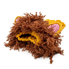 Zoo Snoogs dog wearing lion snood close-up showing soft yarn texture and stretch