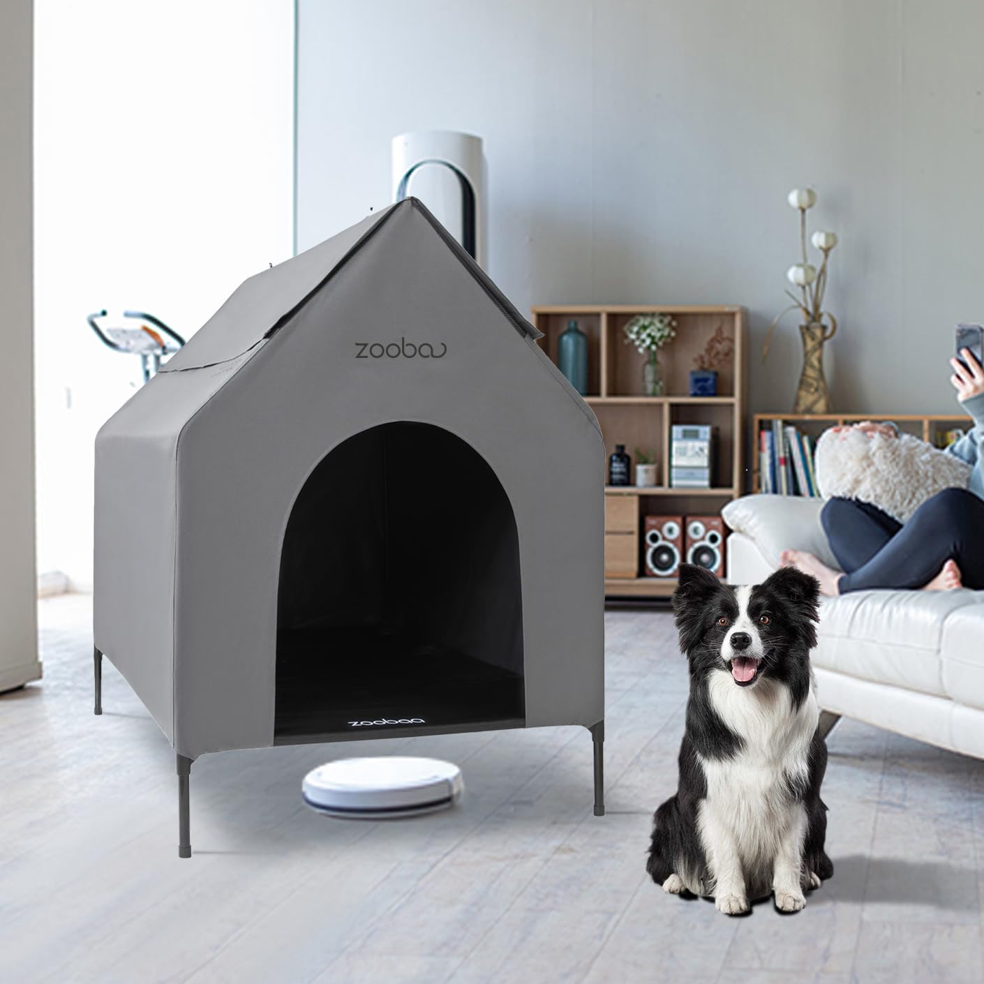 Zooba indoor-outdoor ready dog house in gray provides versatile shelter.