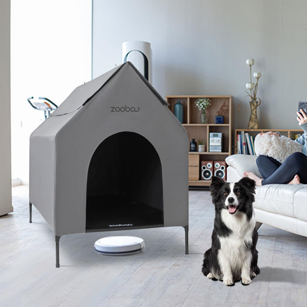 Zooba indoor-outdoor ready dog house in gray provides versatile shelter.