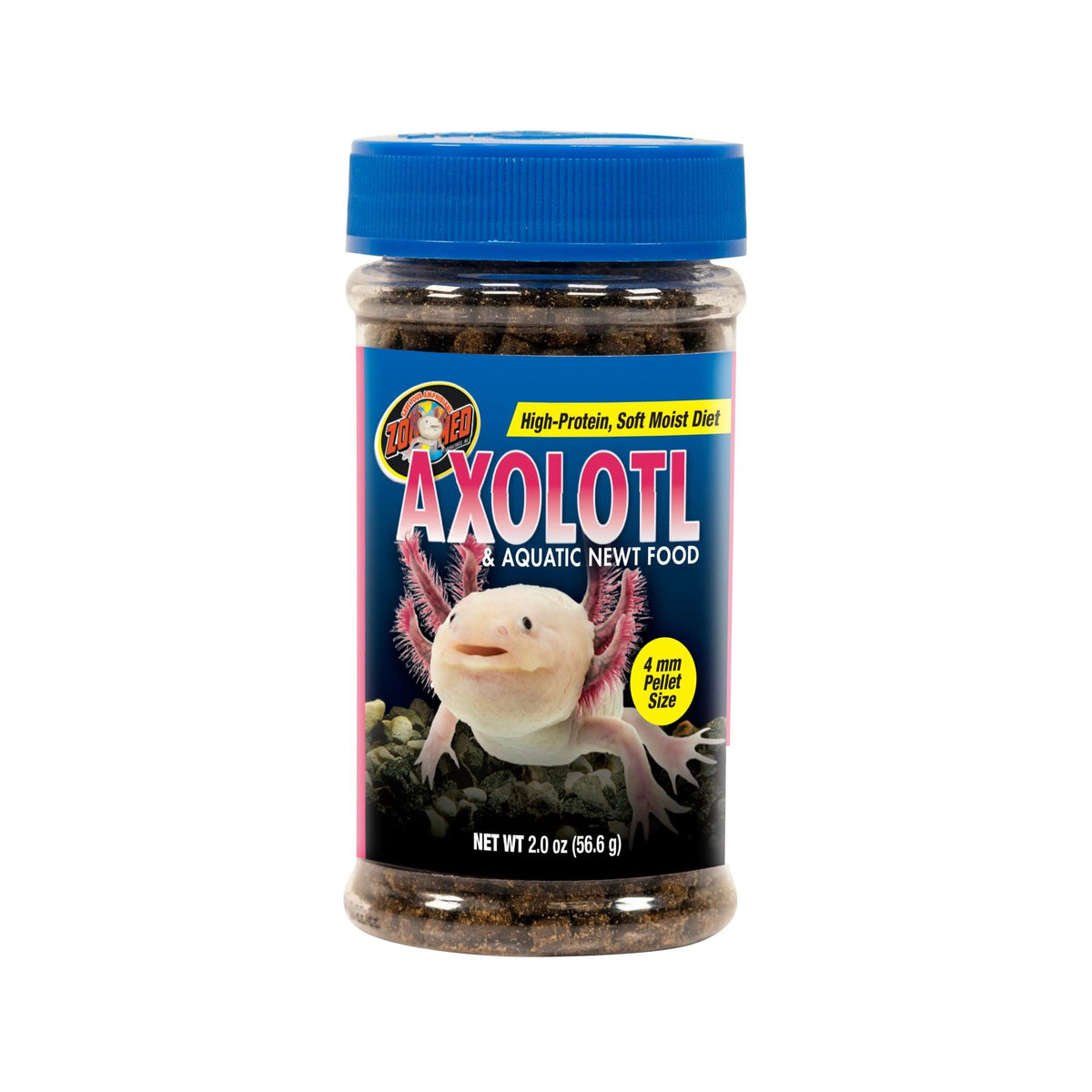 Zoo Med axolotl & aquatic newt food packaging shows easy-to-measure 2 oz portions.