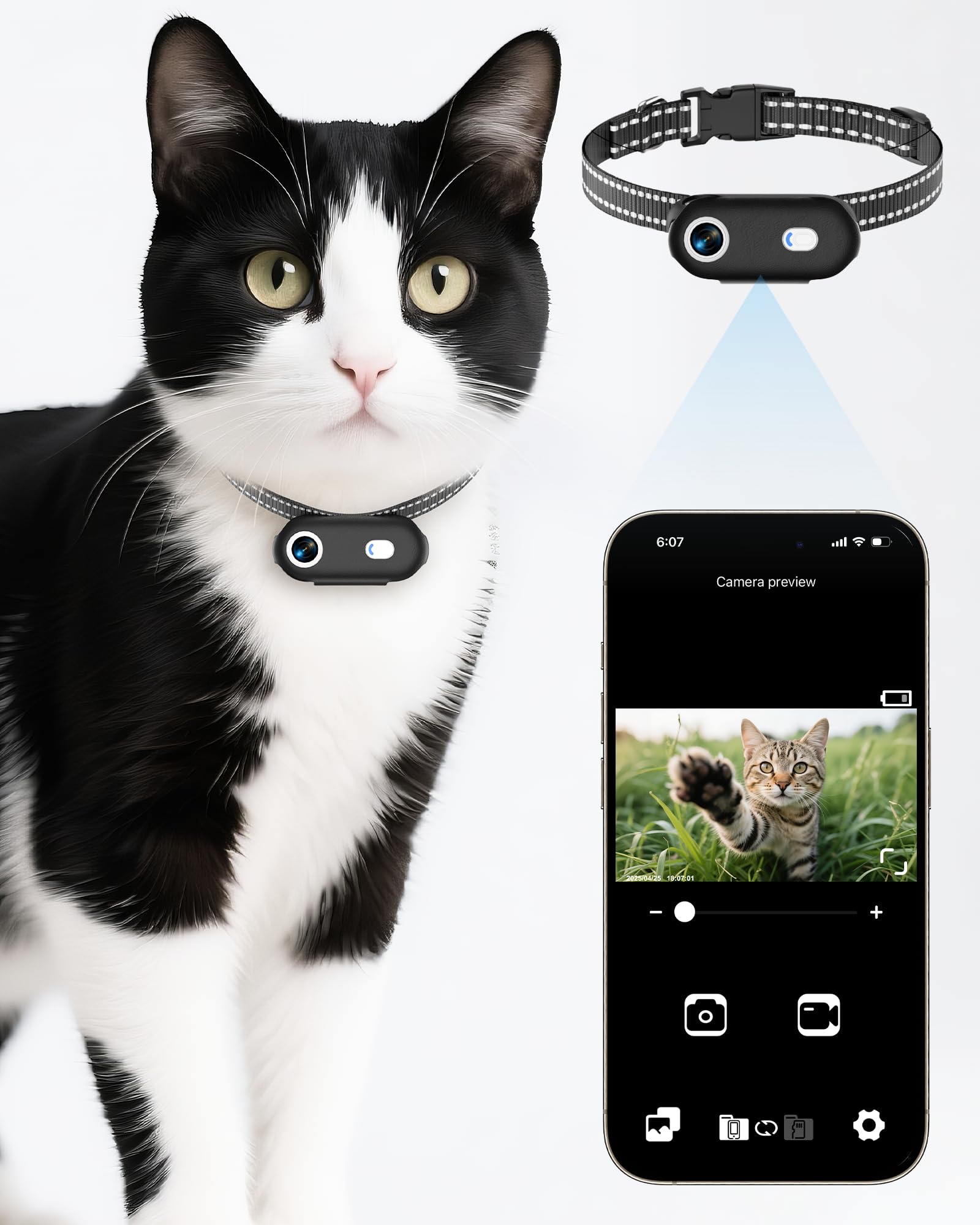ZoomaraKam cat camera collar front view capturing pet POV adventures.