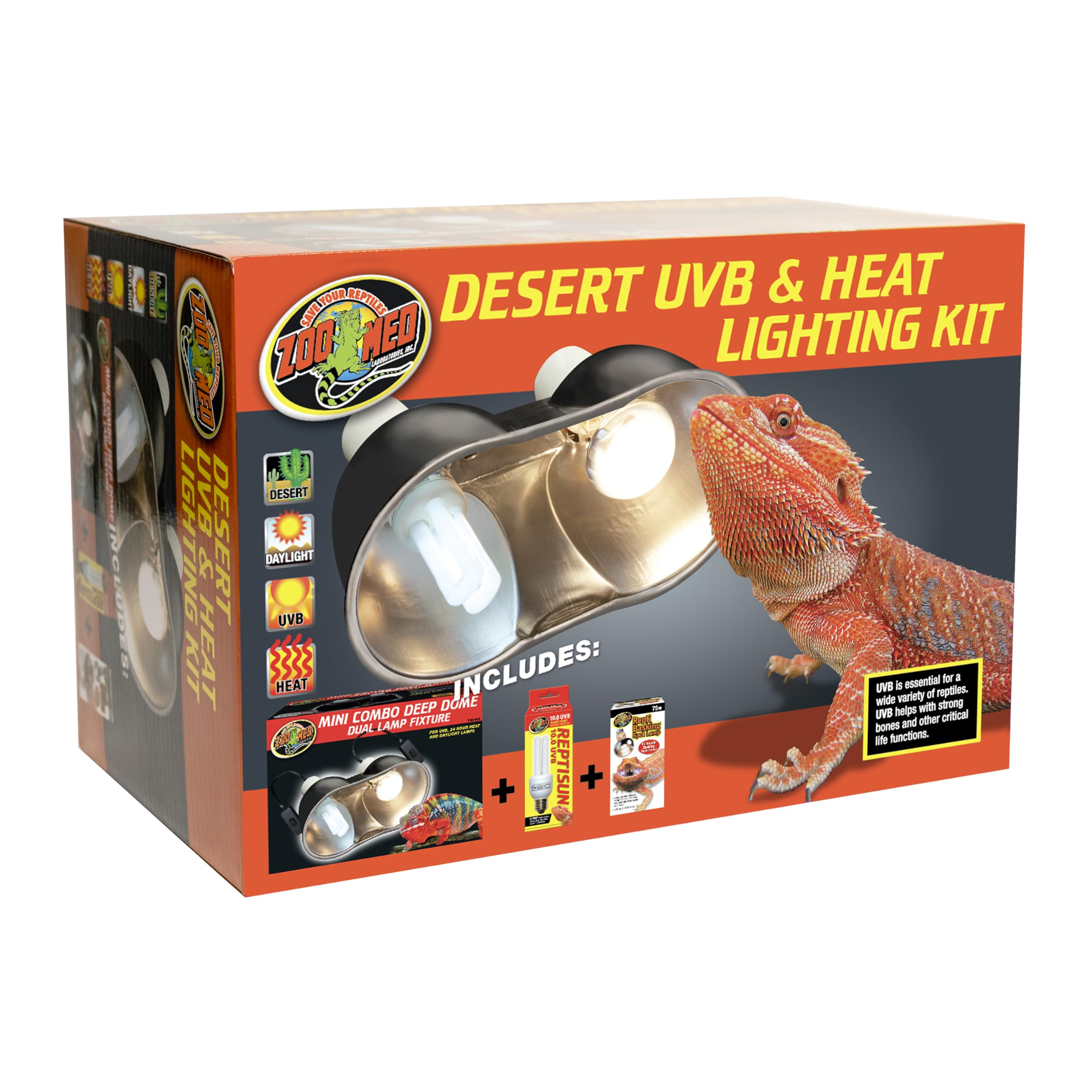 Zoo Med Desert UVB &amp; Heat Dual Kit dome setup showing integrated heat and UVB