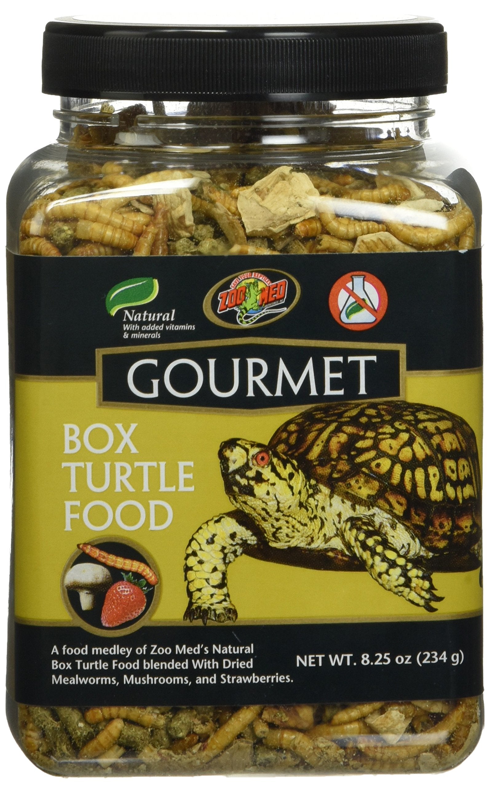Zoo Med Gourmet Box Turtle Food packaging shown for simple feeding prep.