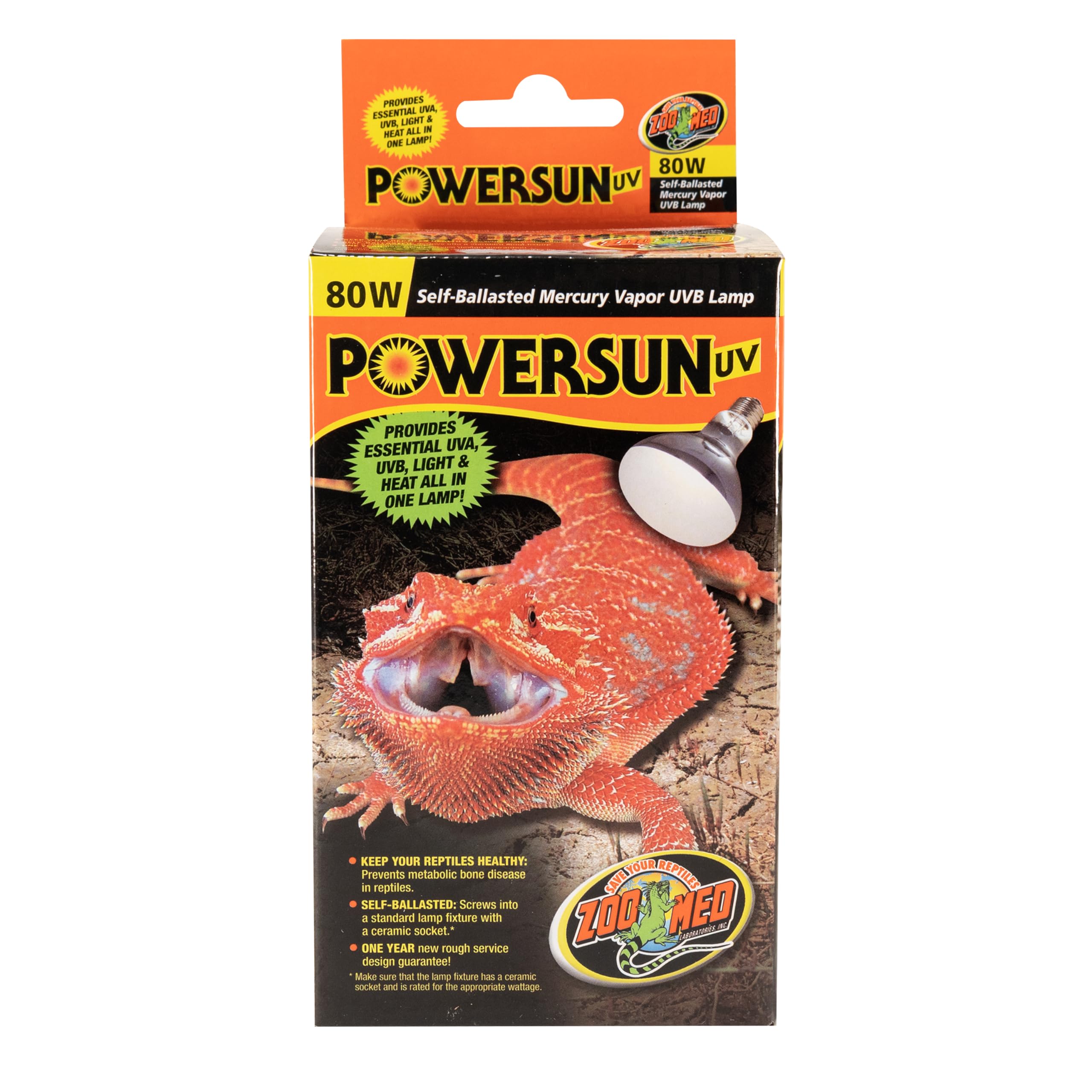 Zoo Med PowerSun UV Bulb 80W close-up shows UVB output for reptiles