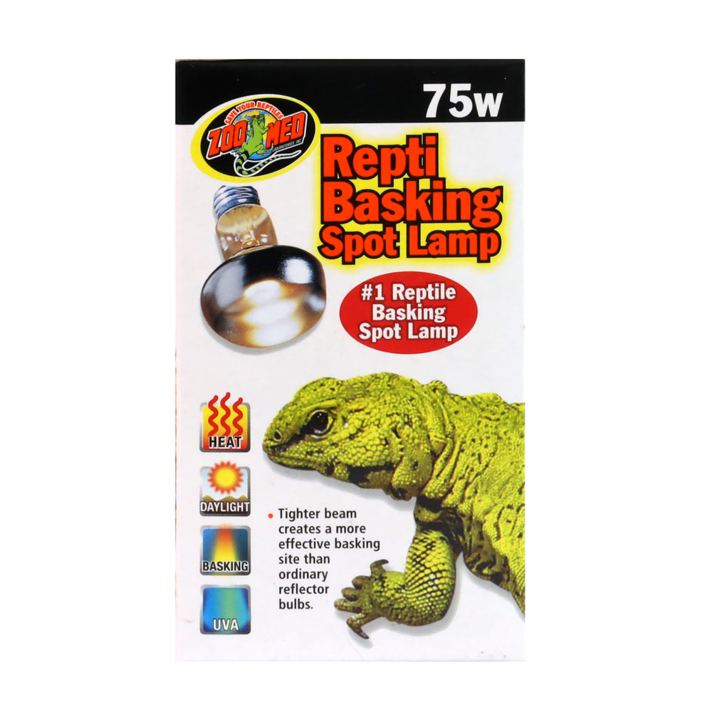 Zoo Med Repti Basking Spot Lamp 75W glow image shows daytime warmth for tropical species.