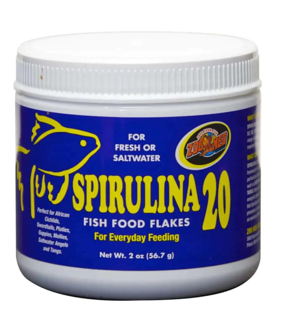 Zoo Med Spirulina 20 Flake bottle close-up shows protein-rich formula for color and growth