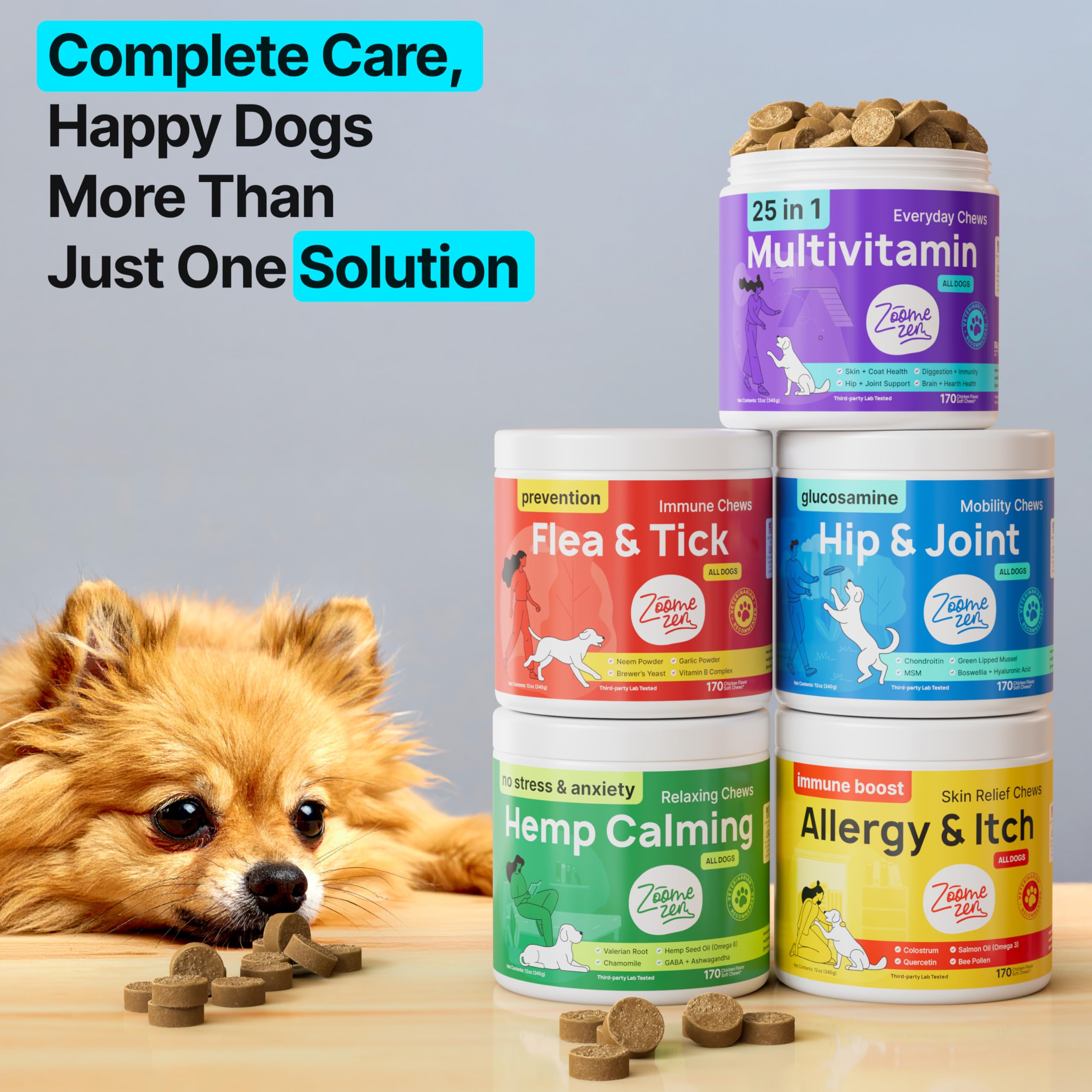 ZOOMEZEN pack close-up shows daily wellness for puppies and seniors.