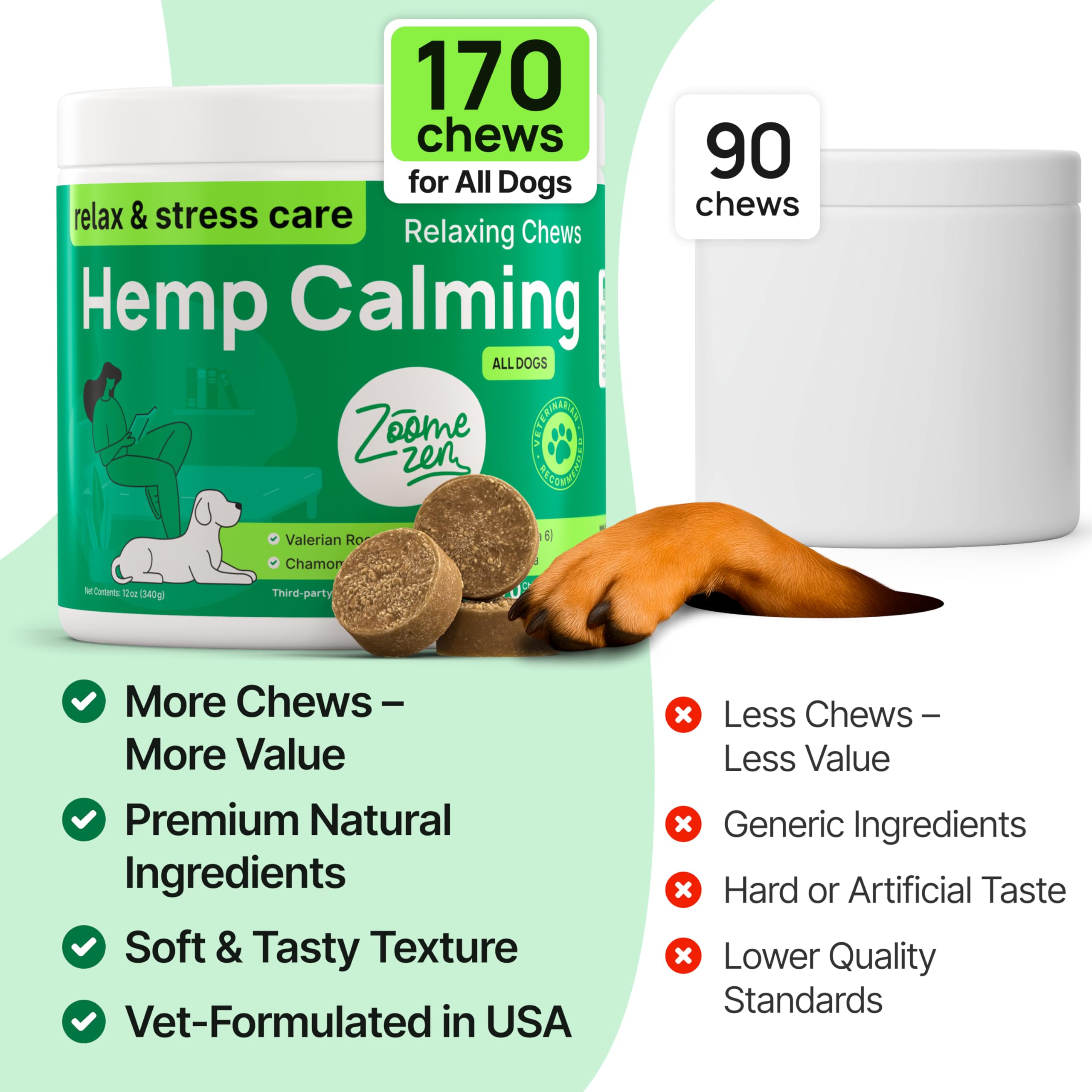 Zoomezen vet-formulated dog calming chews bottle close-up signals trusted formulation
