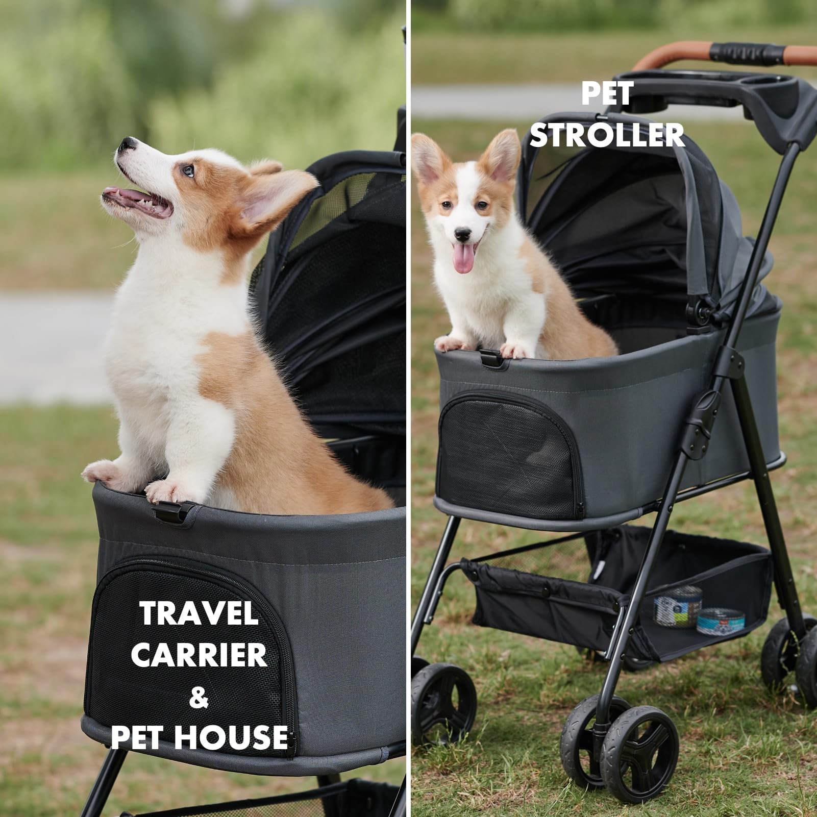 Zoosky 3-in-1 pet stroller folded-compact demonstrates easy storage and portability.