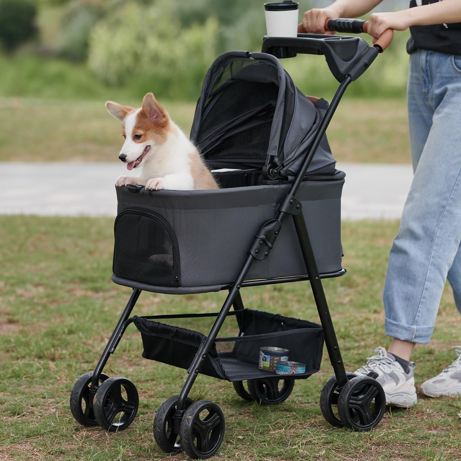 Zoosky 3-in-1 pet stroller storage basket and cup holder add on-the-go convenience.
