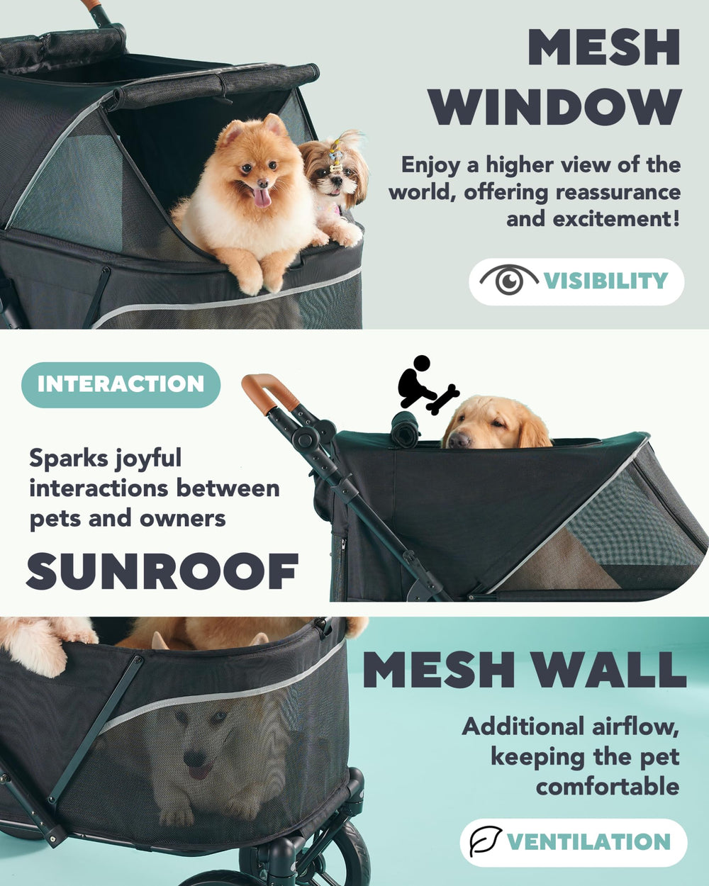 Zoosky pet stroller all-terrain wheels provide smooth rides.